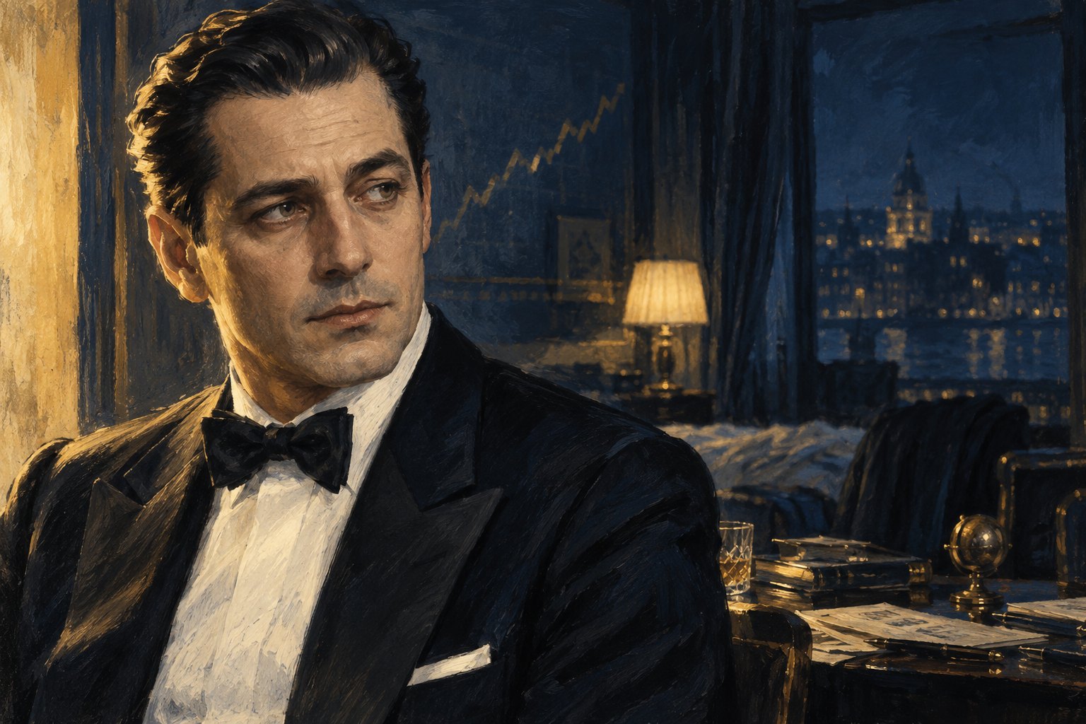Illustrated portrait of a man in a black dinner jacket and bow tie seated in a dark navy hotel room at night, lit warmly from the left, a faint rising gold chart line painted on the wall behind his shoulder and a lit city visible through the window — an illustration, not a photograph