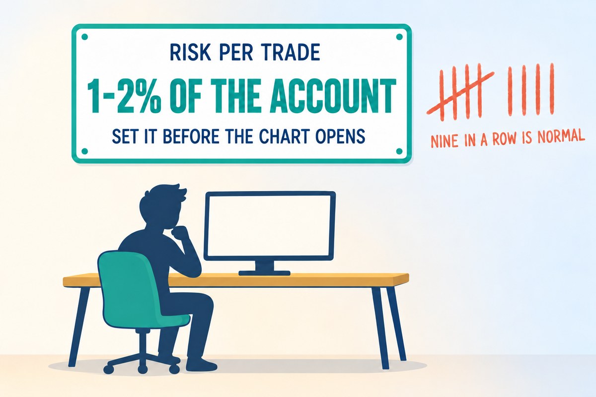 Flat vector illustration on a cream background: a rule card pinned to the wall above a trading desk reads RISK PER TRADE and 1-2% OF THE ACCOUNT, with the line SET IT BEFORE THE CHART OPENS beneath it and NINE IN A ROW IS NORMAL chalked under nine tally marks, while a small navy figure sits at the desk below
