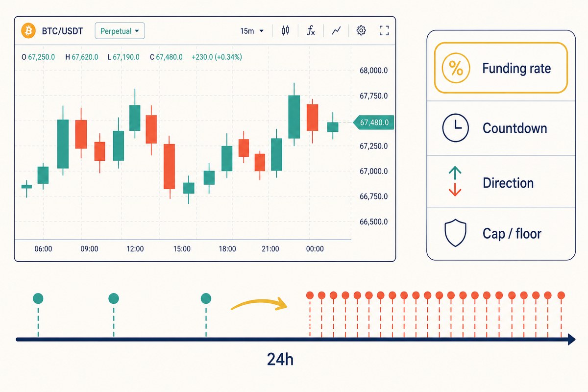 A perpetual futures trading screen: the BTC/USDT chart on the left, a side panel listing Funding rate, Countdown, Direction and Cap / floor on the right, and a 24-hour timeline below where three widely spaced settlements give way to a crowded run of hourly ones