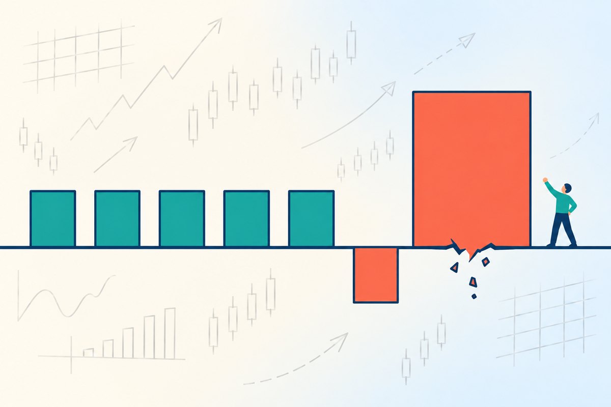 Flat vector illustration on a bright cream-to-pale-blue background: five identical teal blocks of equal height stand along a navy baseline, then one coral block hangs below the line marking a loss, and immediately after it a bold coral block far taller and wider than any of the teal ones stands on a section of baseline that has cracked open and is shedding chips, with a small navy figure at the bottom right reaching up toward it