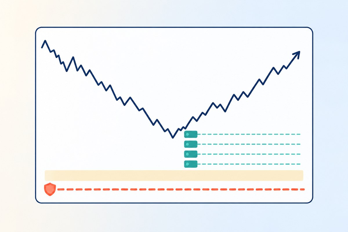 Flat vector illustration on a pale cream-to-blue background: a simplified chart panel where a navy price line falls from the upper left and rises to the upper right, with four short teal dashed rungs stacked below the price like the steps of a ladder, each carrying a small teal order card, a soft honey-yellow band beneath them suggesting a support area, and a single thicker coral dashed line carrying a small coral shield badge running the full width below all four of them