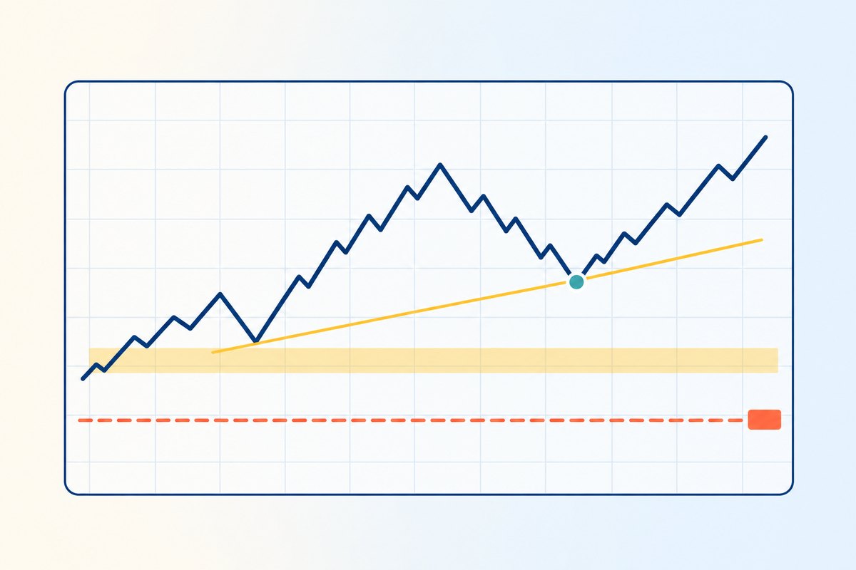 Flat vector illustration on a pale cream-to-blue background: a simplified chart panel with a rising navy price line, a honey-gold support band with visible thickness beneath it, and a bold coral dashed line running below the band with a clear gap between them, ending in a small rounded coral tag