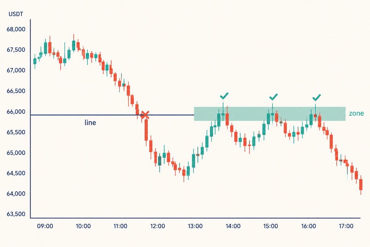 Candlestick chart where a thin line is cut straight through by falling price, while a thicker shaded band further right turns price away three separate times