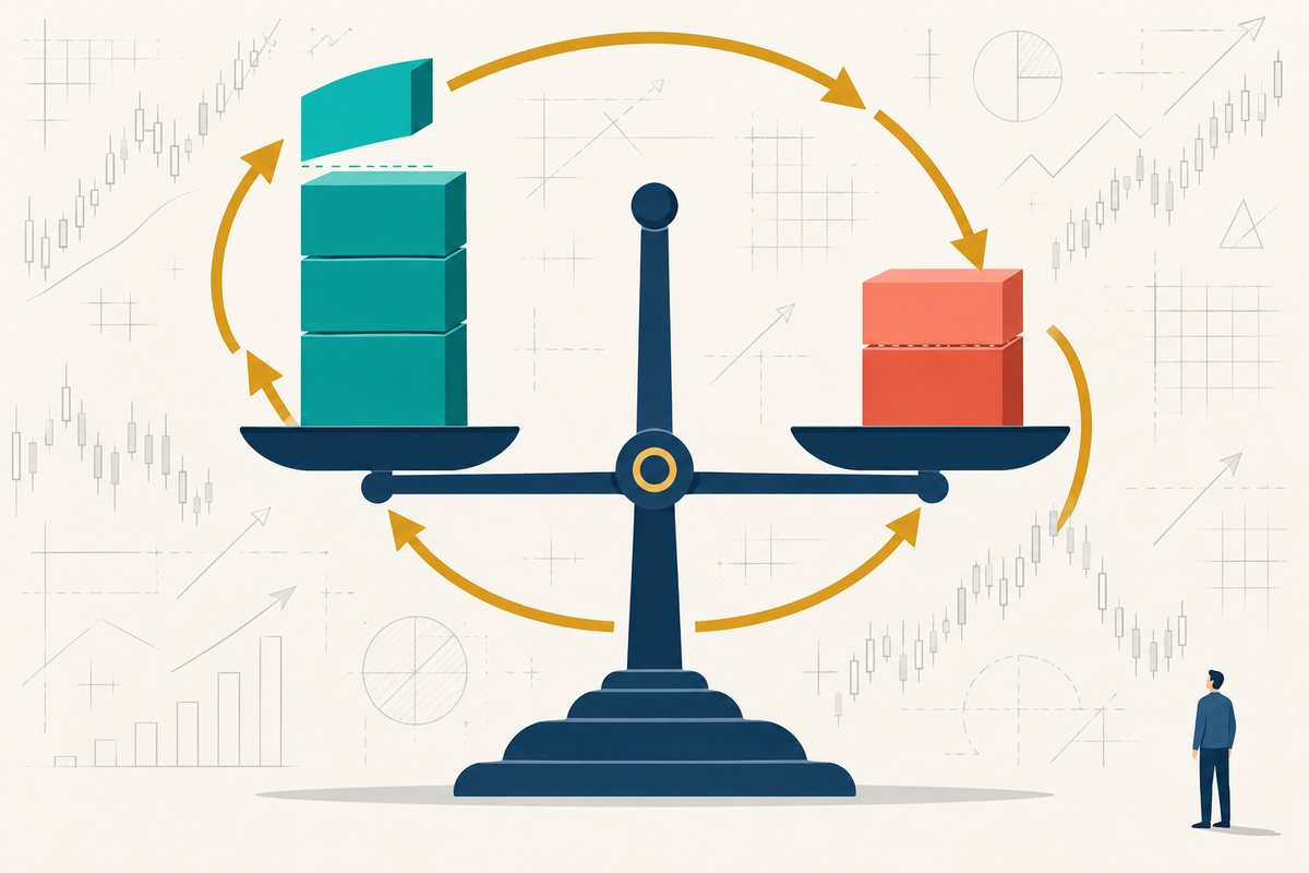 Flat vector illustration on a light cream background: a heavy navy balance scale with a tall teal column of blocks on the left pan, its top quarter sliced off and floating away, and a shorter coral block on the right pan with an extra quarter slice added on top; the beam sits perfectly level, and six gold arrows curve around the scale in a closed loop