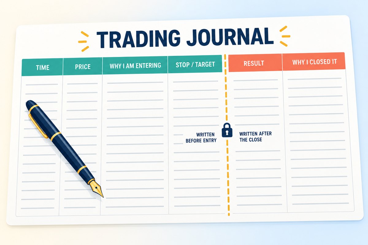 Flat vector illustration of a trading journal sheet on a light cream background: a six-column table headed Time, Price, Why I am entering, Stop / Target, Result and Why I closed it; the first four headers are teal and the last two coral, and a gold dashed line with a small padlock runs between the fourth and fifth columns, labelled written before entry on the left and written after the close on the right