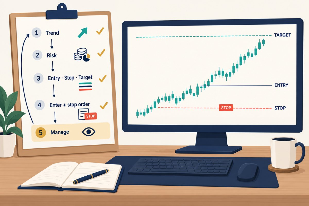 Flat vector illustration of a trading desk on a light cream background: on the left a clipboard with five numbered rows joined by a thin navy arrow - 1 Trend with a teal up-arrow, 2 Risk with a coin stack, 3 Entry Stop Target with three stacked teal, navy and coral lines, 4 Enter plus stop order with an order ticket and a coral STOP tag, 5 Manage with an eye icon - the first four ticked in gold, the fifth highlighted in gold, and a curved arrow looping from row five back to row one; on the right a monitor showing teal up-candles rising with three horizontal lines labelled TARGET in teal above, ENTRY in navy, and a coral dashed STOP line below with a small STOP order tag; a notebook and pen sit on the desk