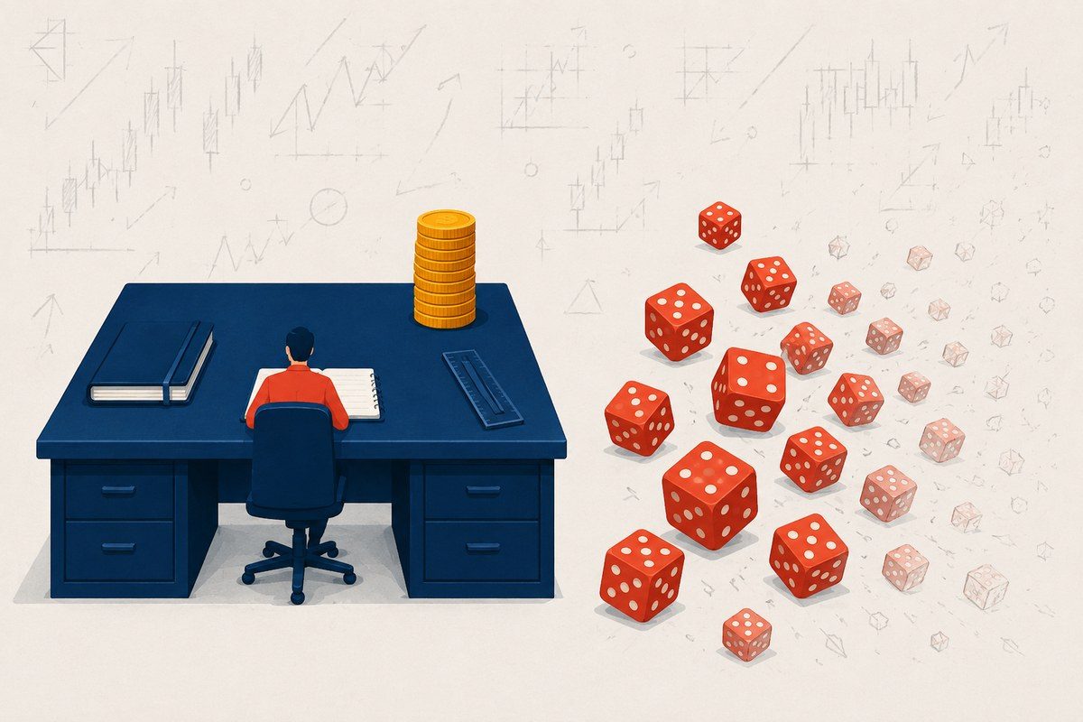 Graphic contrasting an orderly navy trading desk with a ledger and coins against a scattered pile of dice, representing trading as a profession rather than gambling