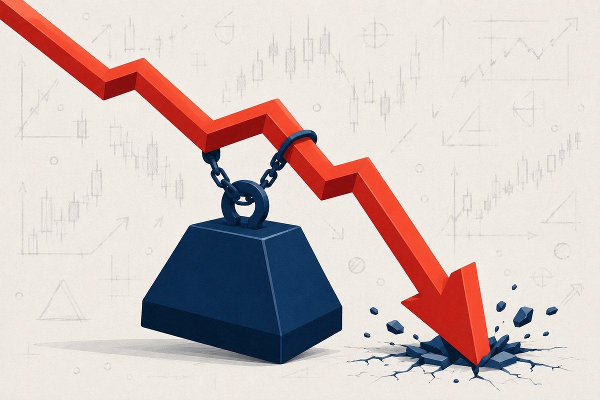 Graphic of a steep red equity curve dragged down by a heavy navy weight, representing why most new traders lose money in year one