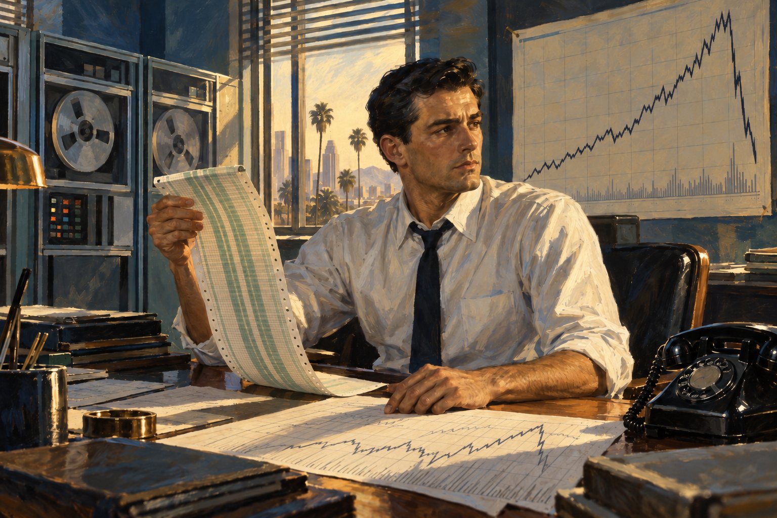 Painted editorial portrait of a man in his early thirties in a white shirt and dark tie, sitting at a desk in a Los Angeles brokerage office in the early 1960s, holding a long fold of computer printout in one hand while the other rests on a hand-drawn stock chart; a mainframe cabinet and tall windows stand behind him and a wall chart shows a rising line broken by one sharp drop — an illustration, not a photograph, and not a likeness of any real person